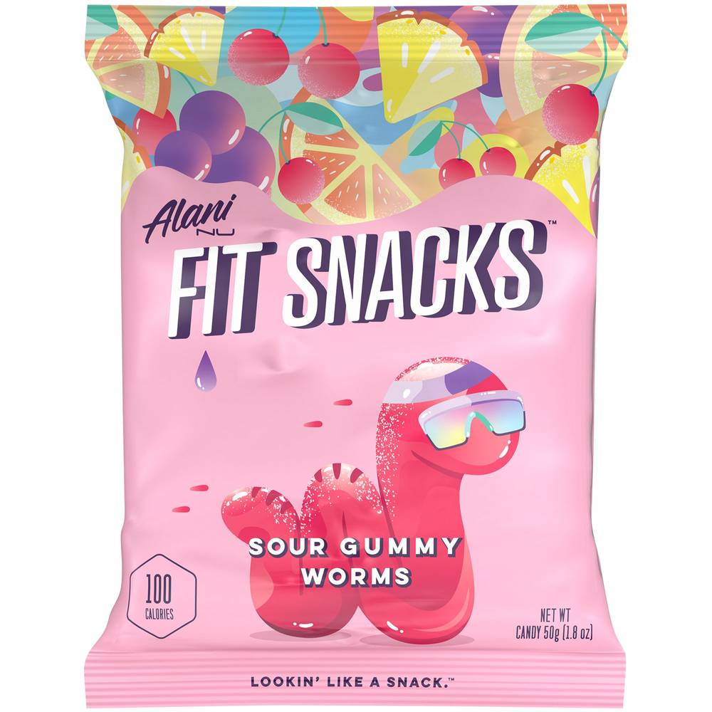 Alani Nu Fit Snacks Sour Gummy Worms (orange, grape, fruit punch)