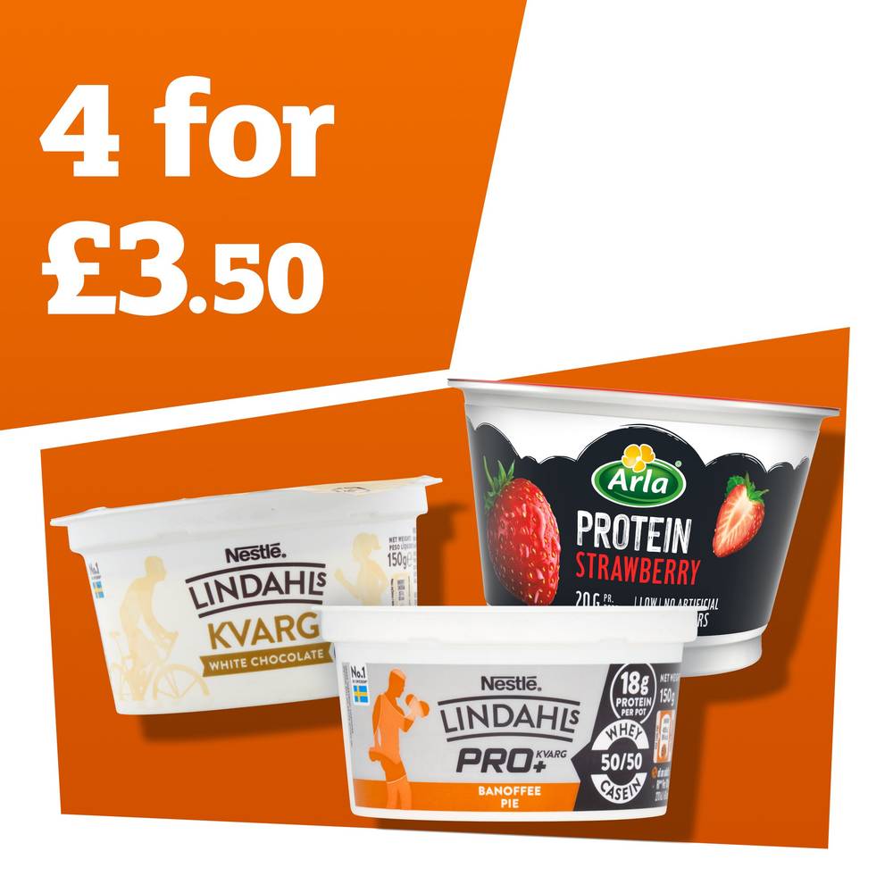 4 for £3.50 on Selected Protein yogurt