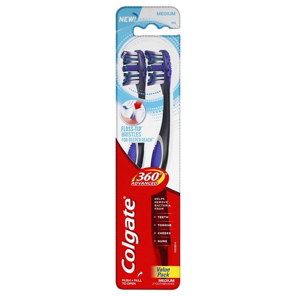 Colgate 360 Total Advanced Floss-Tip Toothbrush, Medium Bristle, 2 pack
