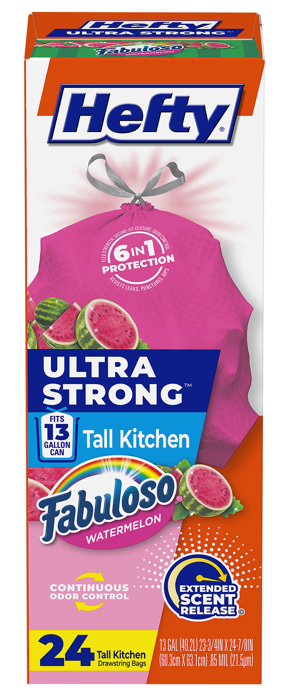 Hefty Tall Kitchen Drawstring Trash Bags 13 Gallon, Watermelon, 60.3x63.1 cm (24 ct)