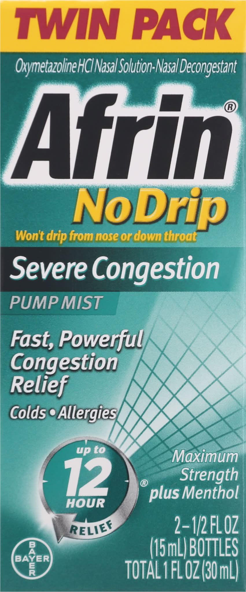 Afrin No Drip Severe Congestion Pump Mist Nasal Spray (2 x 0.5 fl oz)