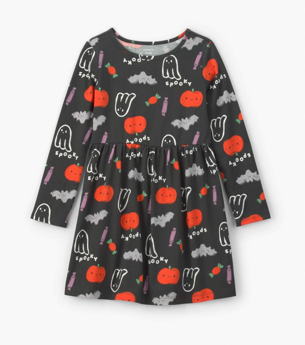 Girls Halloween Long-Sleeve Dress - Black/Orange - 14