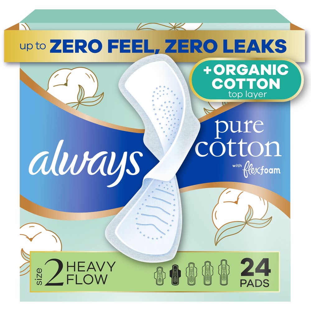 Always Pure Cotton Flexfoam Heavy Flow Wings Pads, 2 (24 ct)