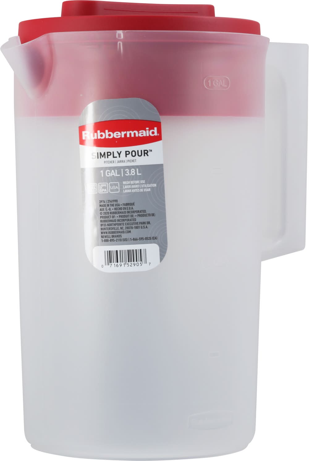 Rubbermaid Simply Pour 1 Gallon Pitcher, White -Red