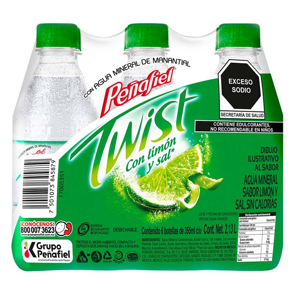 Peñafiel · Twist pack de agua mineral de manantial, limón-sal (6 x 355 ml)