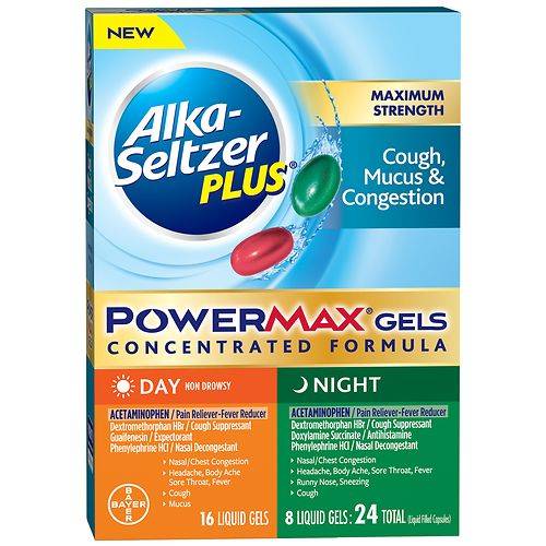 Alka-Seltzer Plus Maximum Strength Cough, Mucus & Congestion, Day+Night, PowerMax Liquid Gels - 24.0 ea