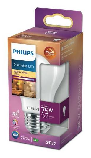 1x lampes led philips standard 10.5w (75w) e27 dépolie verre blanc chaud variable dim