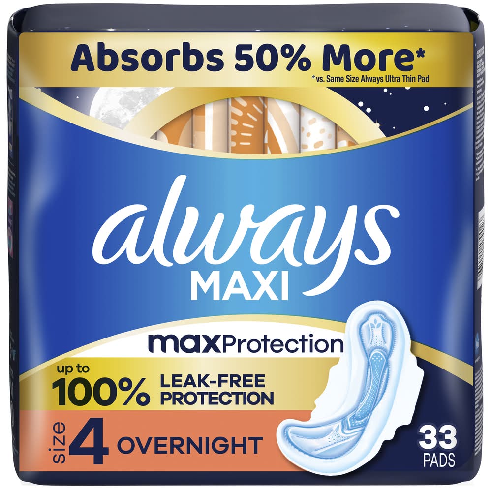 Always Maxi Overnight Absorbency Pads With Wings Jumbo pack, 4 (33 ct)