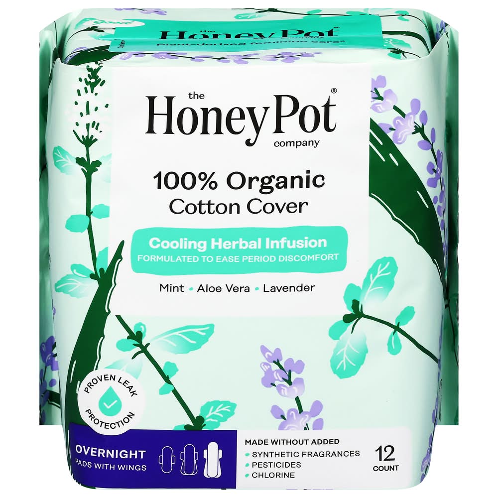 The Honey Pot Herbal-Infused Overnight Organic Pads With Wings, Mint-Lavender-Aloe (12 ct)