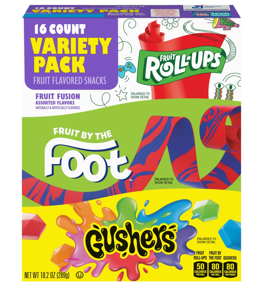 Fruit Roll-Ups Fruit By the Foot & Gushers Snacks Variety pack, Fruit Fusion (10.2 oz, 16 ct)