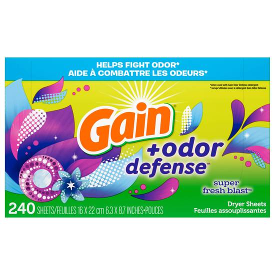 Gain +Odor Defense Dryer Sheets, Super Fresh Blast Scent Fabric Softener Sheets, (240 ct)
