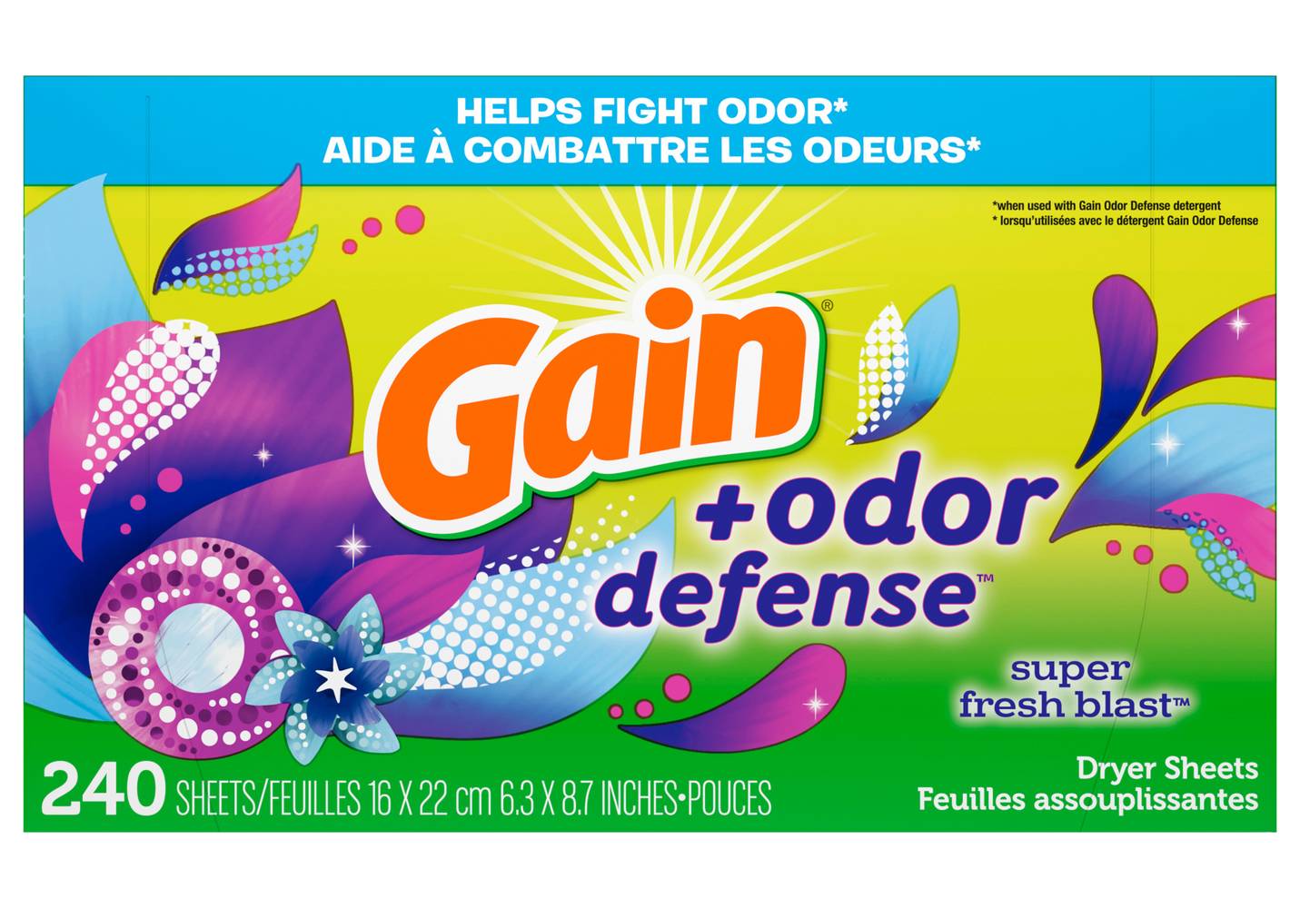 Gain Odor Defense Dryer Sheets, Super Fresh Blast Scent Fabric Softener Sheets