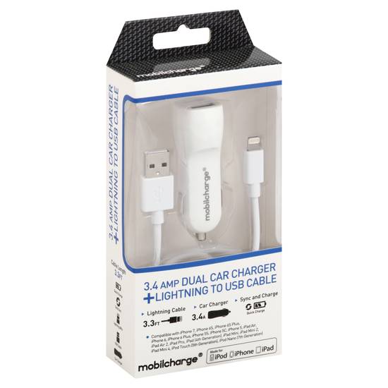 Mobilcharge 3.4 Amp Dual Car Charger + Lightning To Usb Cable (1 ct)