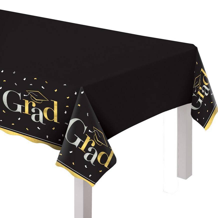 Black, Silver Gold Grad Plastic Table Cover, 54in x 102in - Class Dismissed