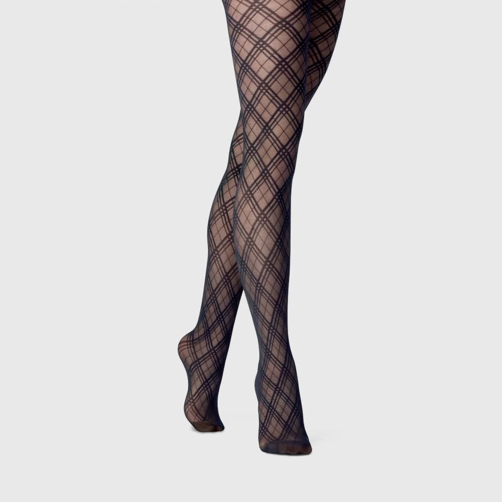 A New Day High Waisted Bias Plaid Tights, Women, 1X-2X, Black