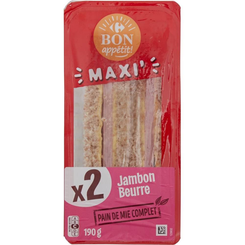 Sandwich maxi jambon beurre CARREFOUR BON APPETIT - la barquette de 2 - 190g