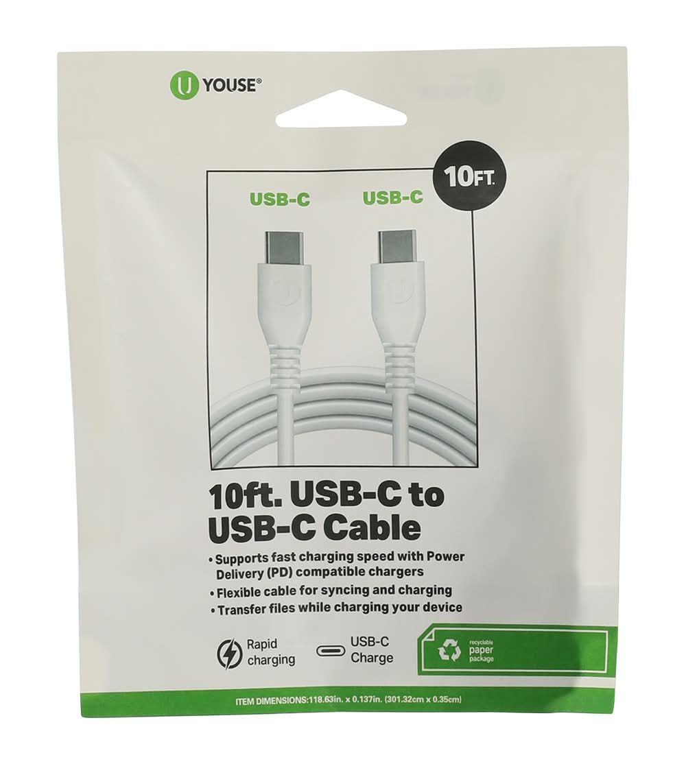 U Youse Usb C To C Cable, 10 ft, White