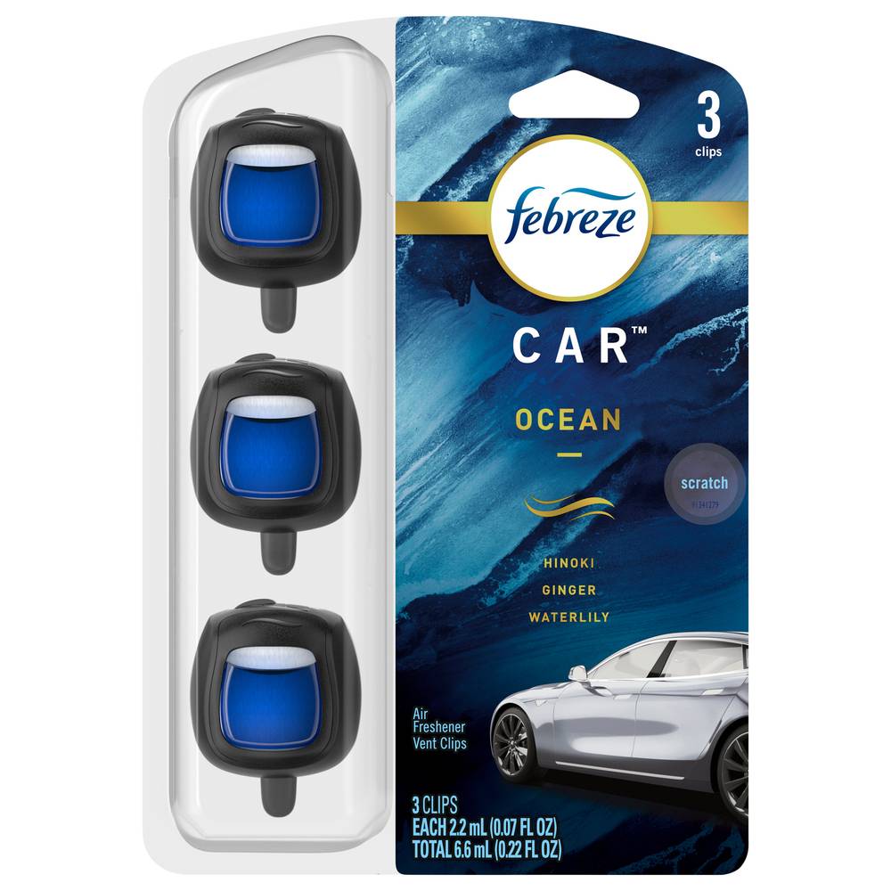 Febreze Vent Clip Ocean Scent Car Vent Clip and Stay-Fresh Storage Case Air Freshener (3 ct) (6.6 ml)