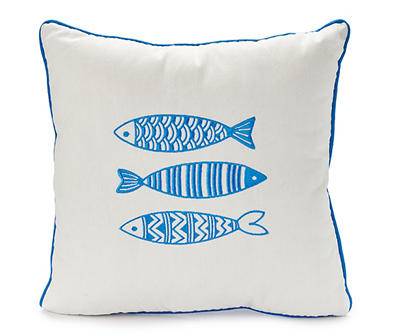 White & Blue Fish Trio Embroidered Square Throw Pillow