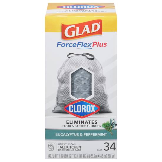 Glad ForceFlexPlus with Clorox Tall Kitchen Eucalyptus Peppermint Trash Bags,  34 ct - Foods Co.