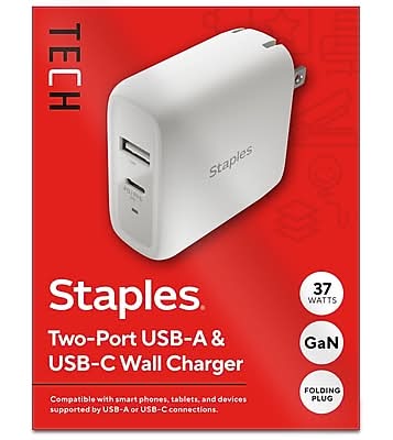 Staples TECH GaN USB-A/USB-C Wall Charger, 37W, White (ST62324-CC)