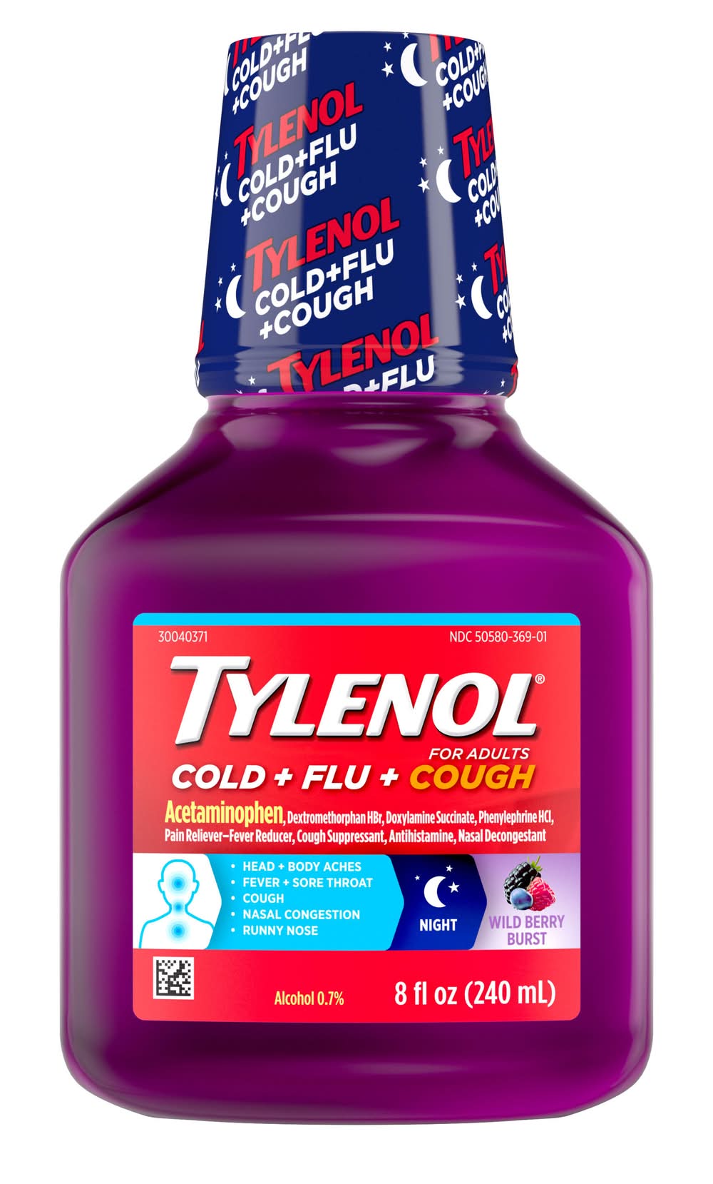 Tylenol Wild Berry Burst Night For Adults Cold + Flu + Cough (8 fl oz)