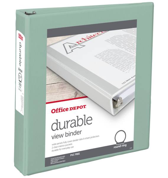Office Depot® Brand 3-Ring Durable View Binder, 1-1/2" Round Rings, Sage