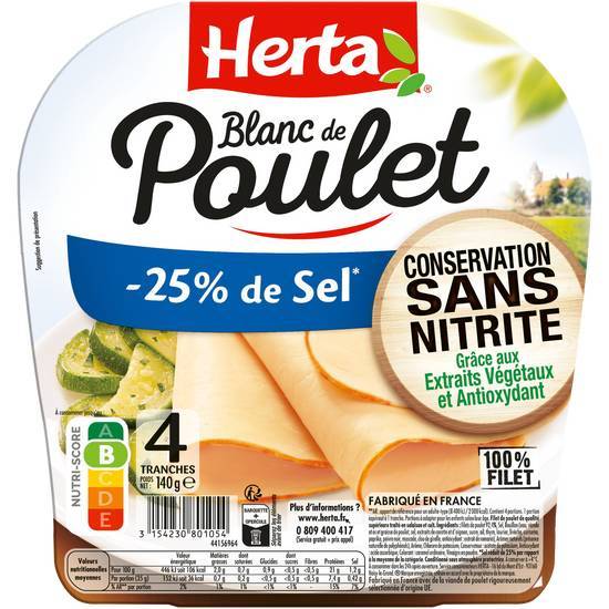 Blanc de poulet sans nitrite -25% de sel - herta - 140g