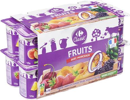 Carrefour Classic' - Yaourt aux fruits avec morceaux 0% mg (16 pièces)