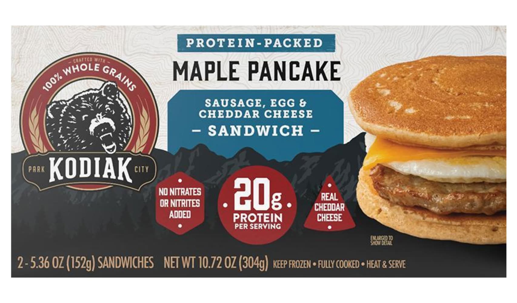 Kodiak Protein Packed Maple Pancake Sandwich, Sausage-Egg-Mild Cheddar Cheese (5.36 oz, 2 ct)