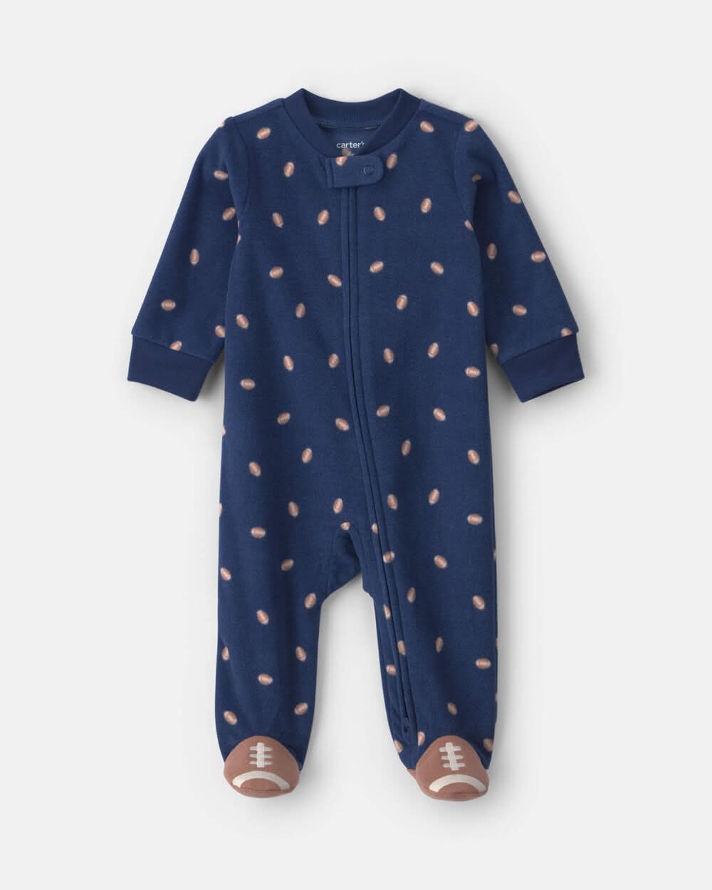 Baby Boy Football Fleece 2-Way Zip Sleep & Play Pajamas - Navy Blue - Navy - 6M