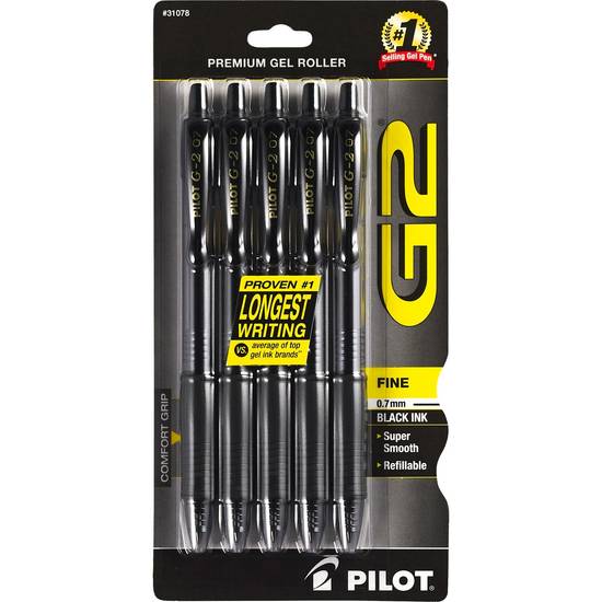 Pilot G2 Fine Point Rolling Ball Gel Pens, Black Ink, 5 ct