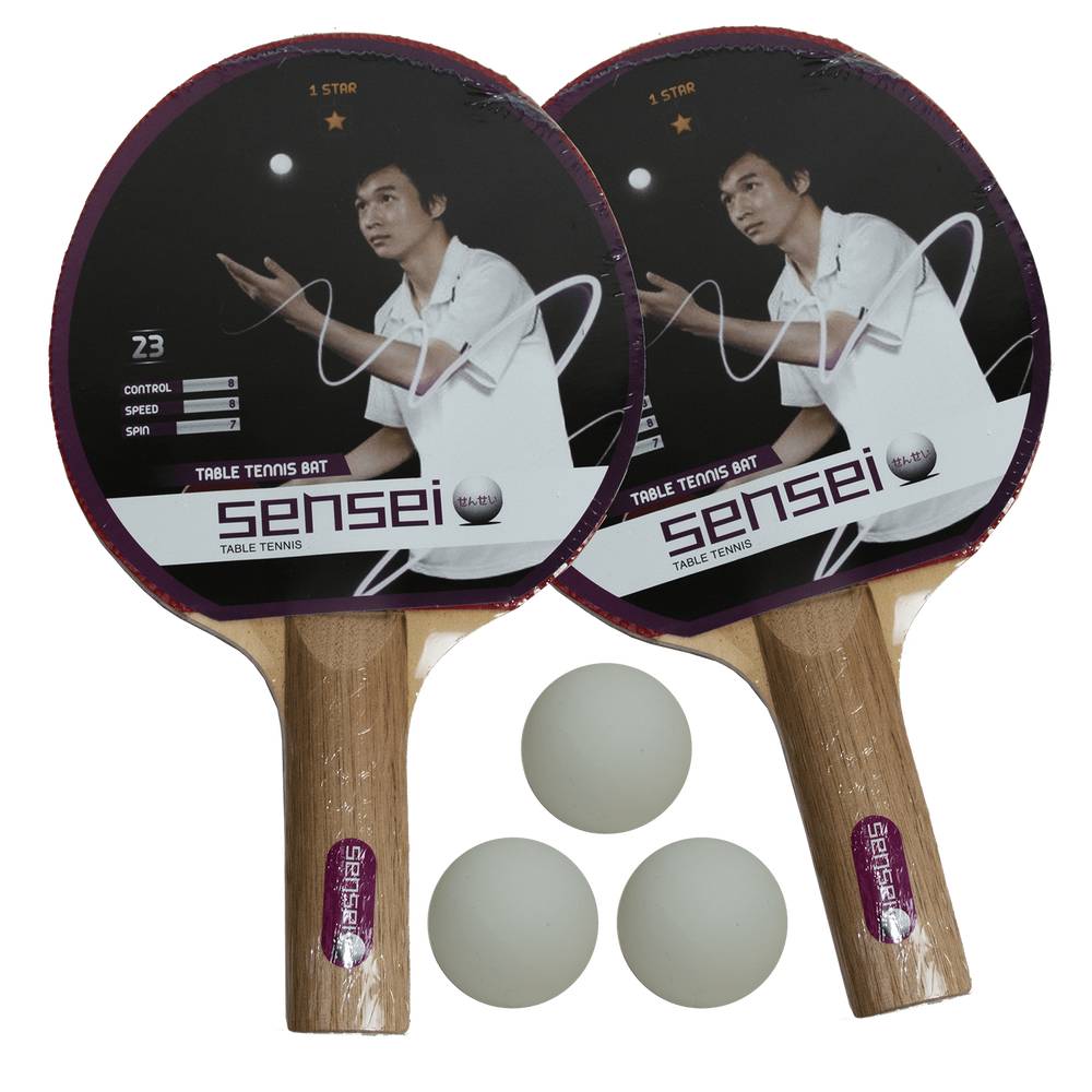 New Sensei · Set ping pong dribbling 2 paletas y 3 pelotas