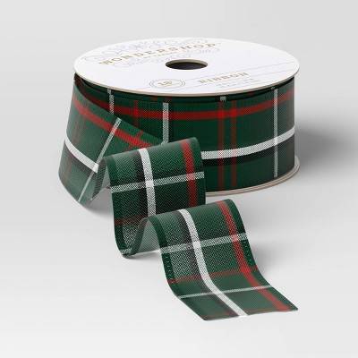 1.5" Plaid Fabric Christmas Ribbon 18' Green - Wondershop™