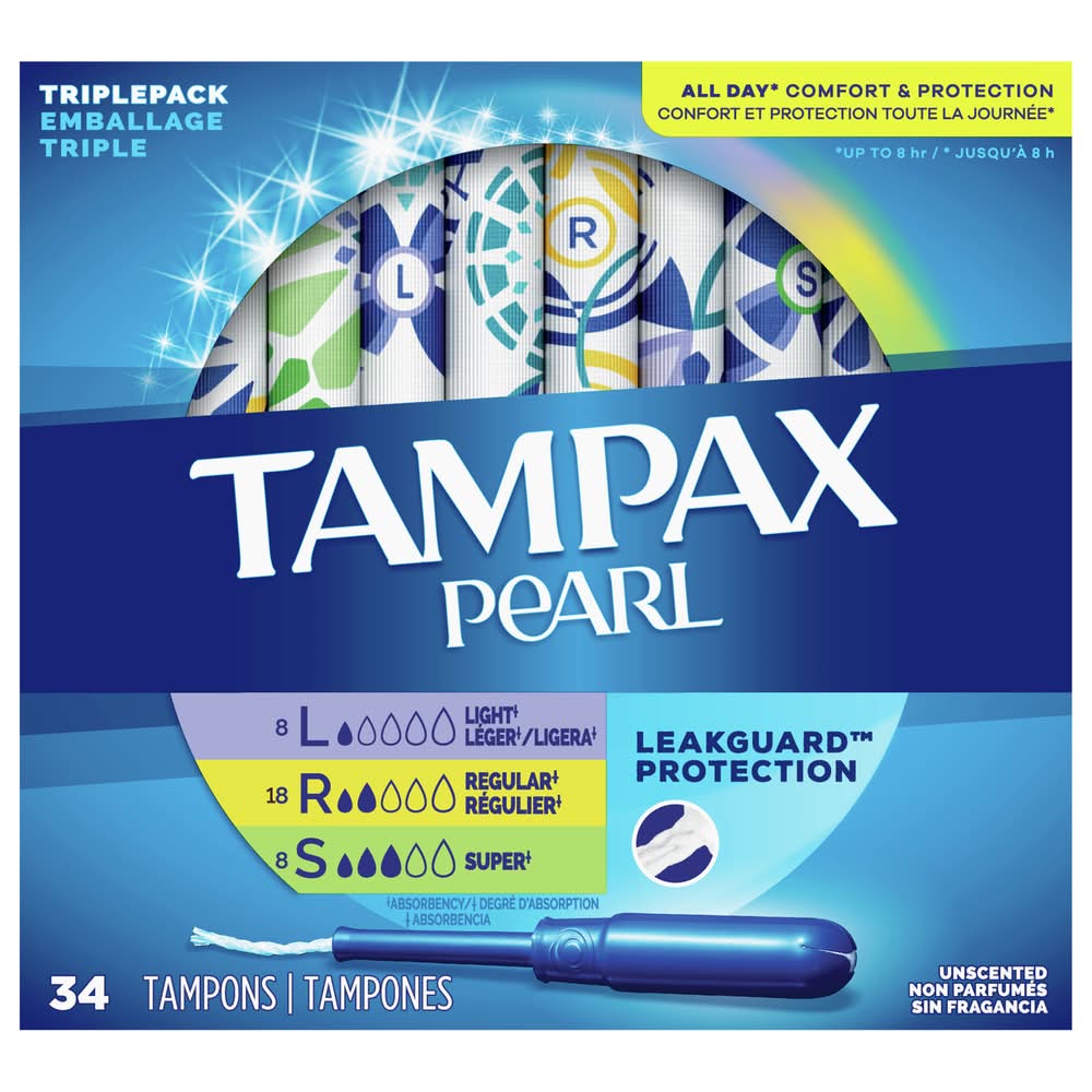 Tampax Pearl Leakguard Braid Light Regular & Super Absorbency Tampons, Women (34 ct)