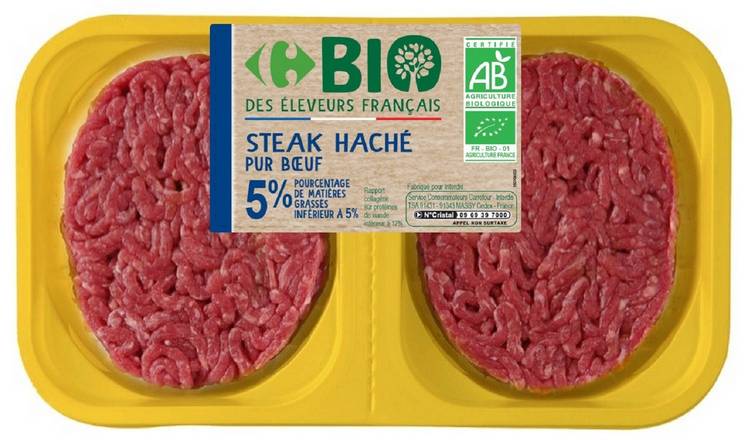 Carrefour Bio - Steak haché pur bœuf frais 5%mg (2 pièces)