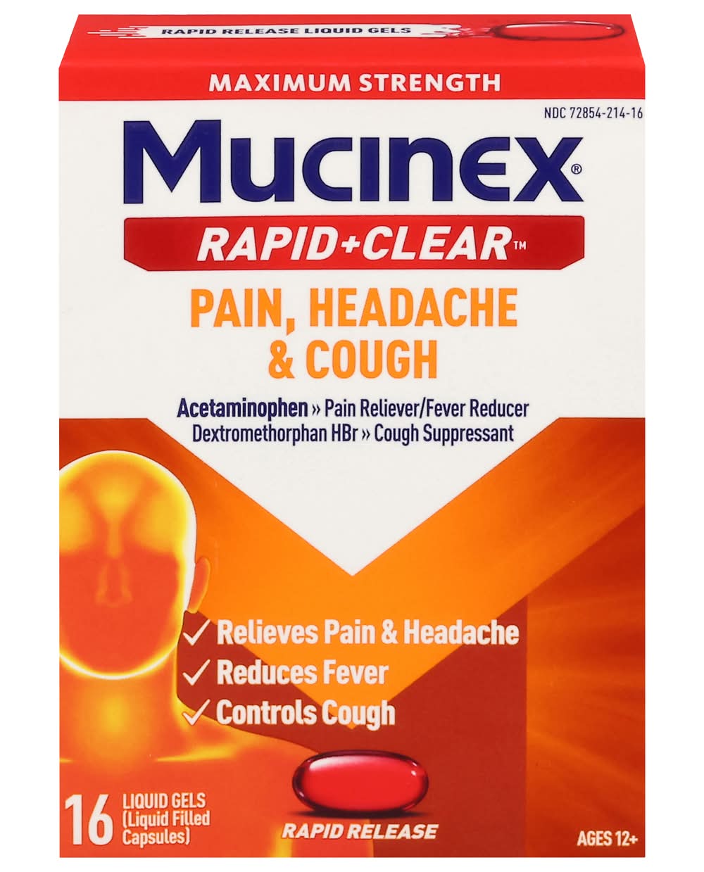 Mucinex Rapid + Clear Pain Headache & Cough Reliever Capsules For 12+ Years (16 ct)
