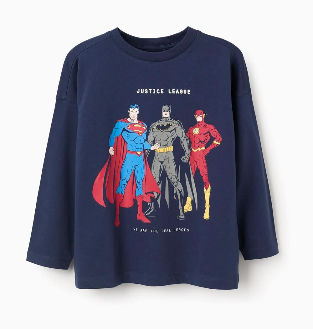 T-Shirt De Algodão Com Estampado Liga Da Justiça Para Menino, Azul-Escuro (Azul Escuro - 6/7)