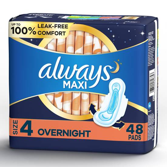 ALWAYS Maxi Size 4 Overnight Pads With Wings Unscented, 48 Count