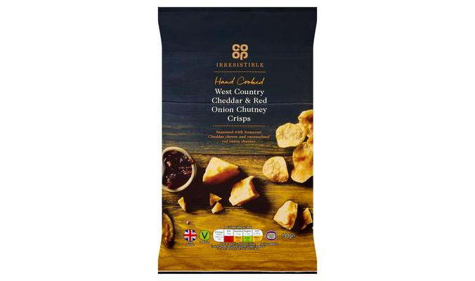 Co-op Irresistible Hand Cooked West Country Cheddar & Red Onion Chutney Crisps 150g