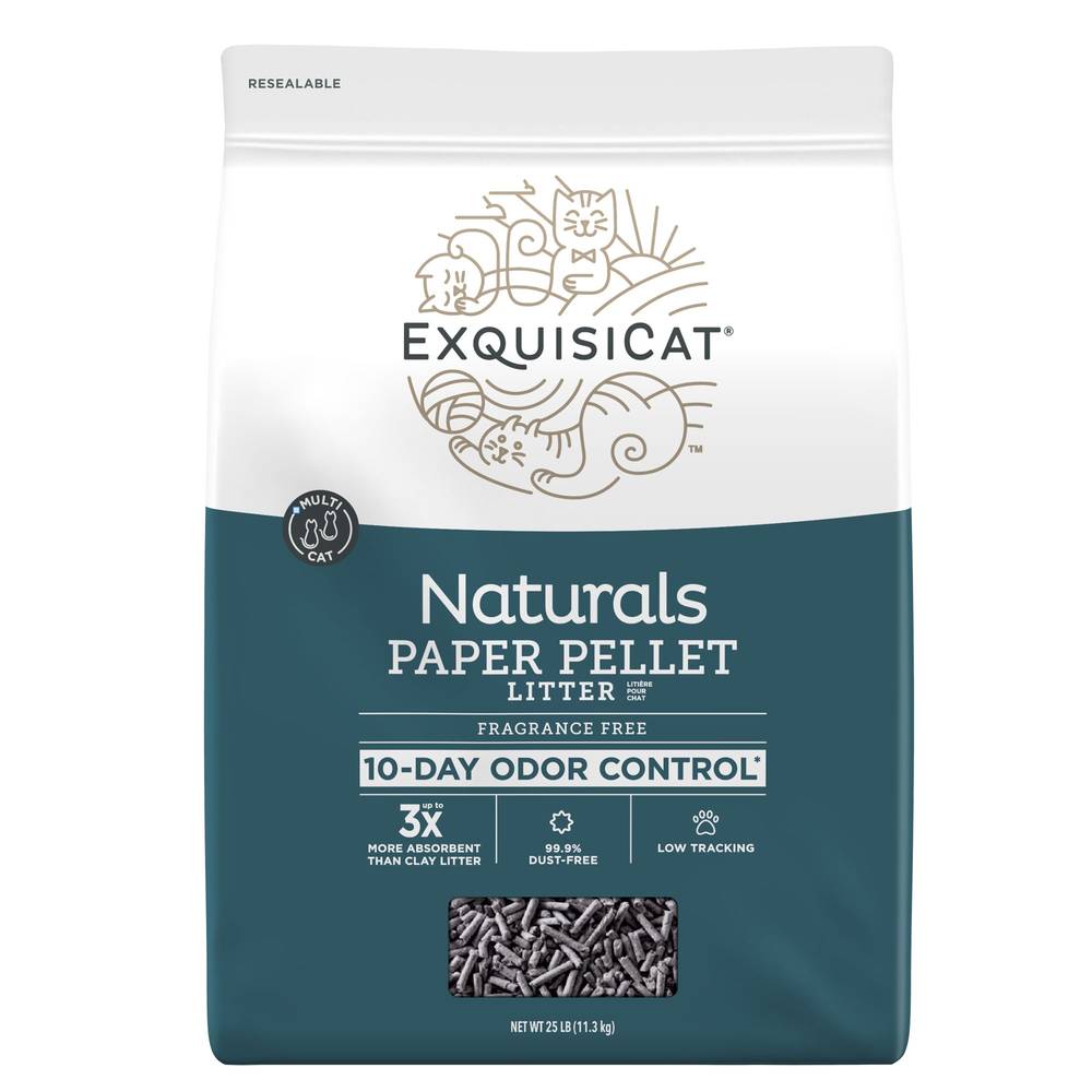 ExquisiCat Naturals Multi-Cat Paper Pellet Cat Litter - Unscented, Low Dust, Low Tracking, Natural (Size: 25 Lb)