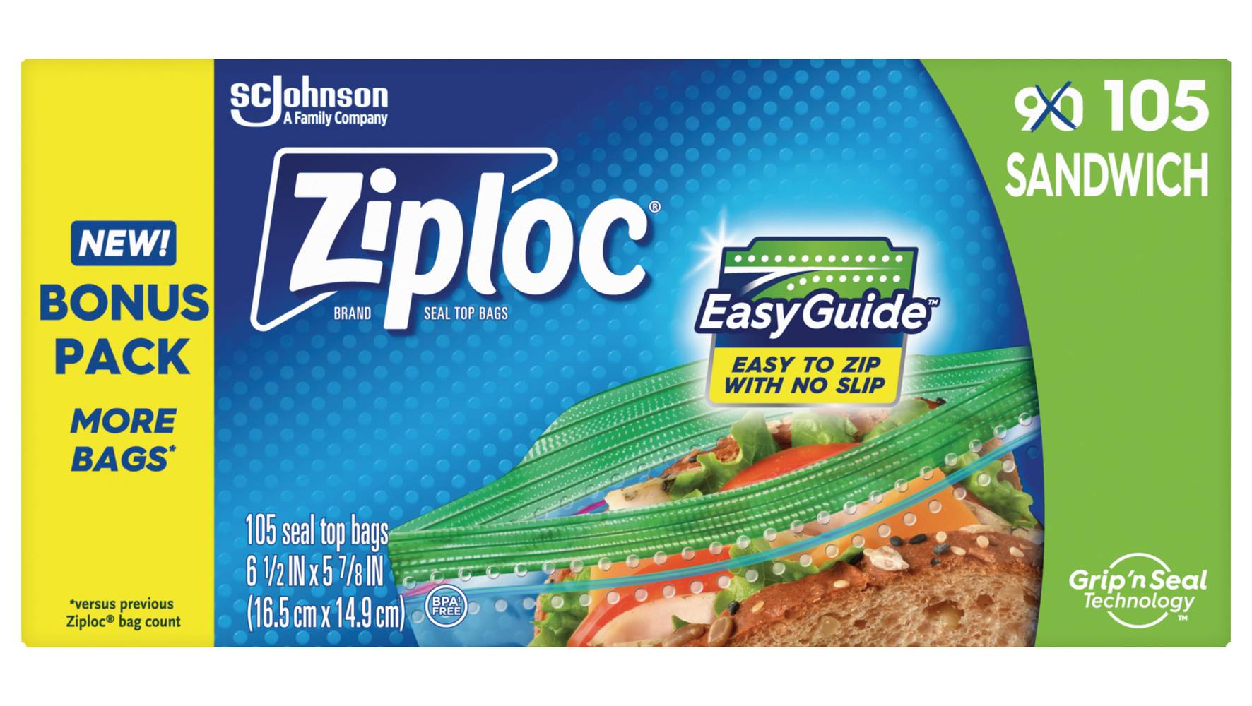 Ziploc Easyguide Sandwich Bags, 16.5x14.9 cm (105 ct)