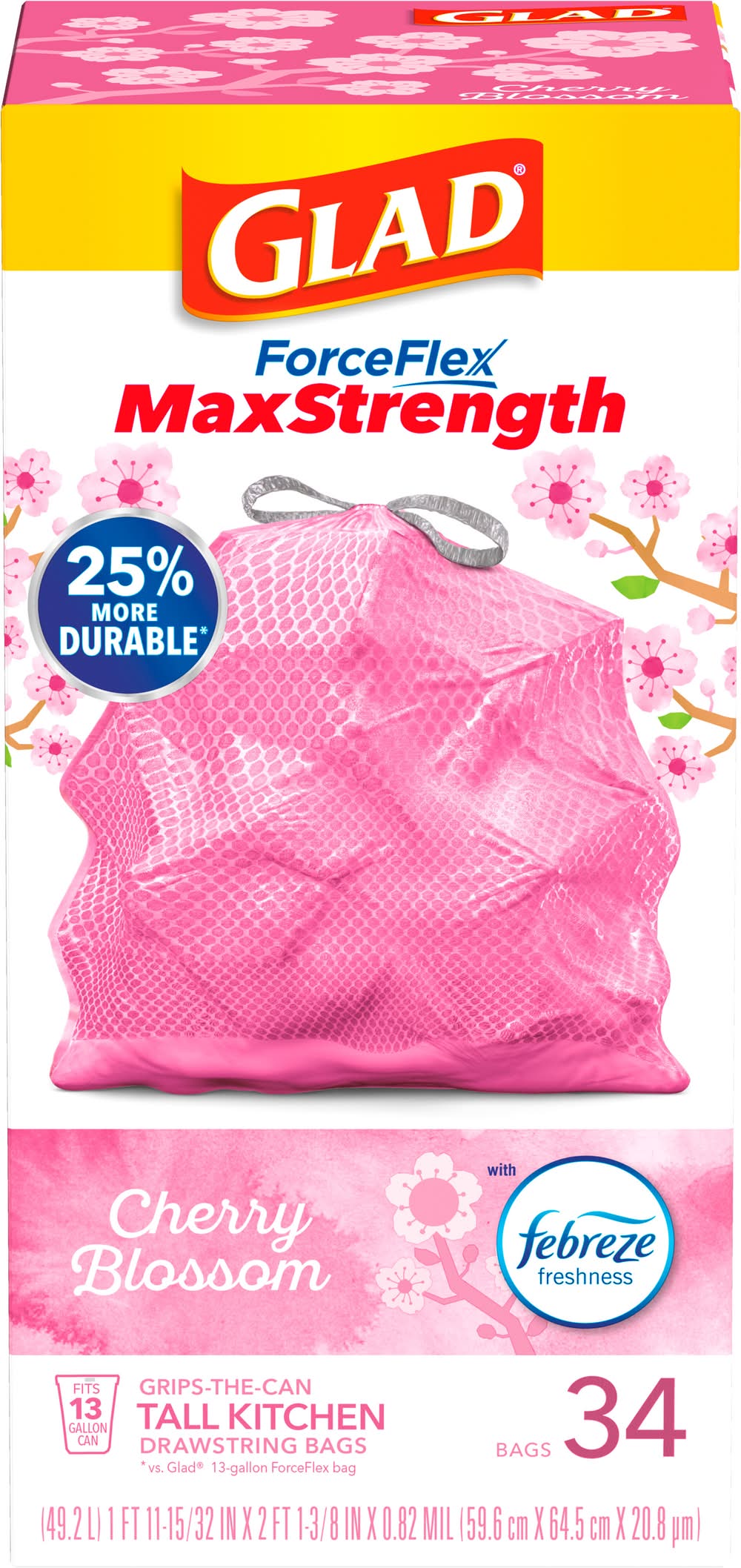 Glad Forceflex Maxstrength Tall Kitchen Drawstring Trash Bags 13gal, Cherry Blossom (34 ct)