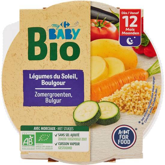 Carrefour Baby - Plat bébé bio dès 12 mois (légumes du soleil - boulgour)