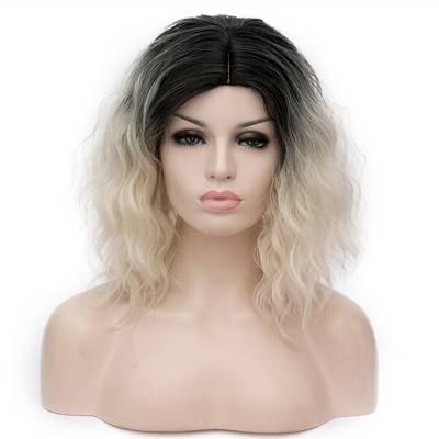 Unique Bargains Women's Halloween Fluffy Curly Wavy Wig 14" with Wig Cap Black Gradient White