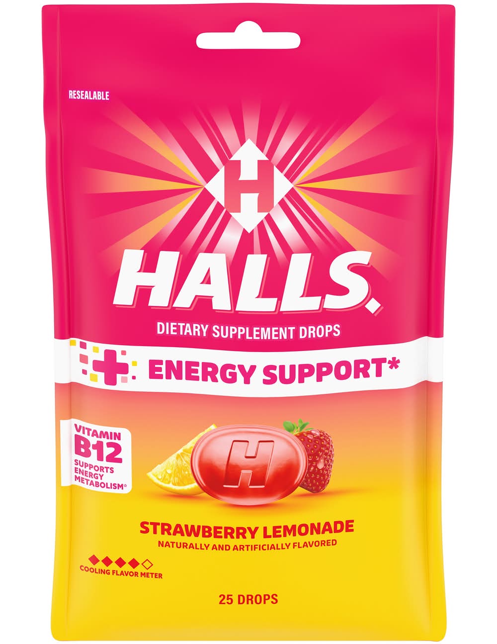Halls Cough & Throat Relief + Energy Support Drops, Strawberry Lemonade (2.73 oz, 25 ct)