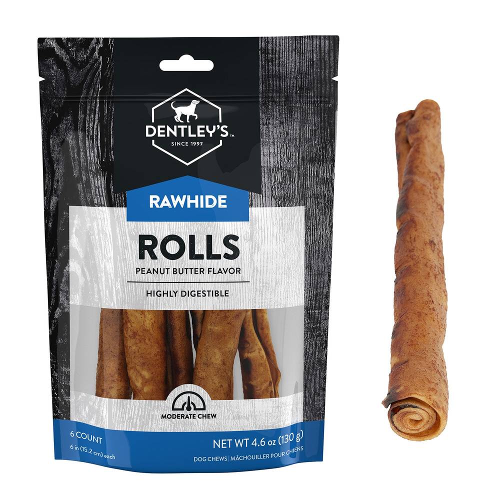 Dentley's Rawhide Rolls Dog Chews, Peanut Butter, 15.2 cm (4.6 oz, 6 ct)