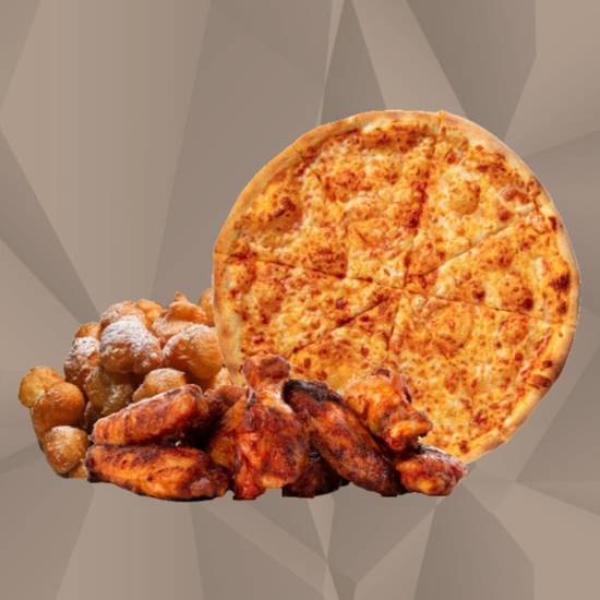 One 18" Cheese Pizza, 12 Wings and 12 Zeppoles