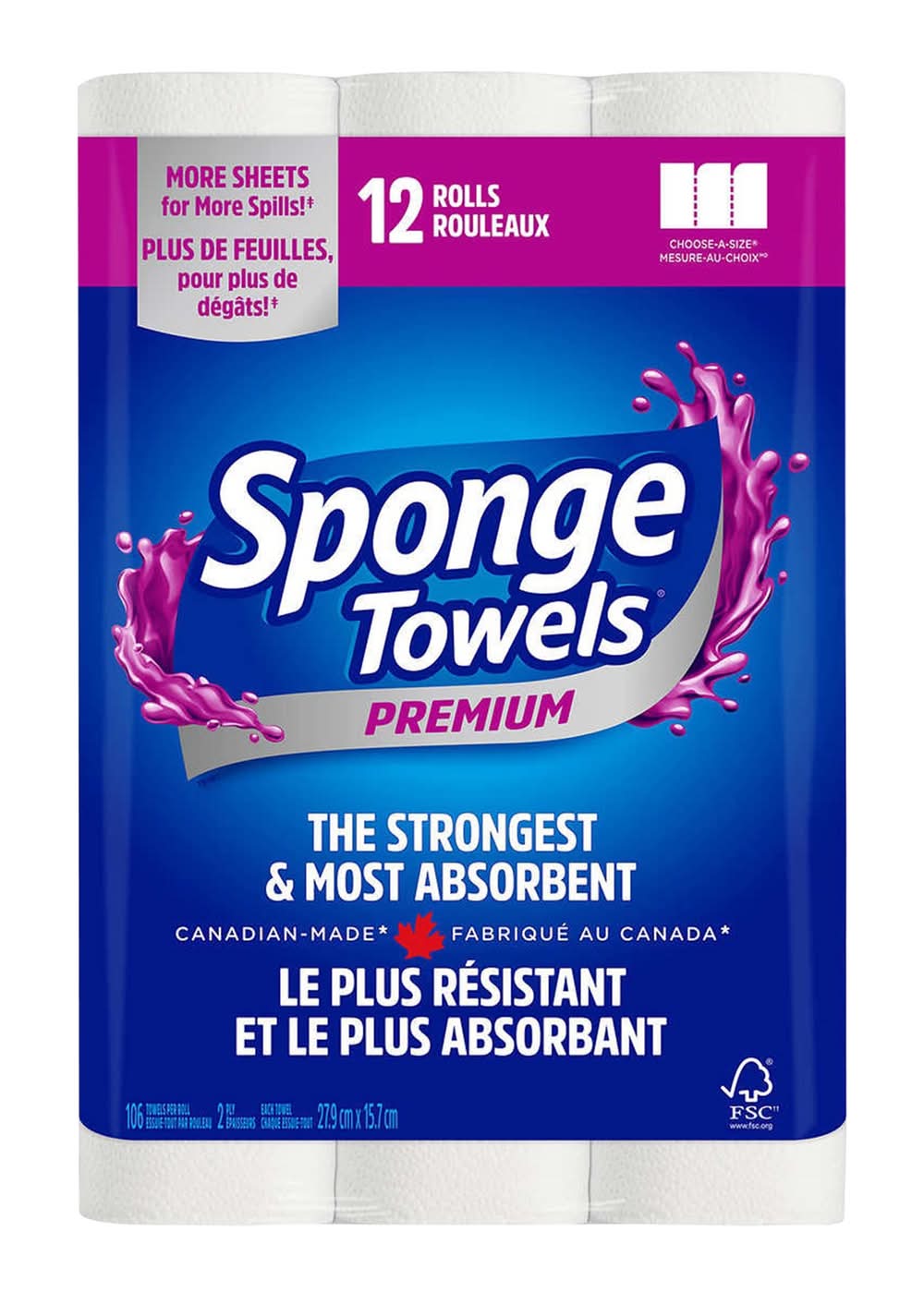 SpongeTowels - Papier Essuietout Prime De 12 Rouleaux À 106 Feuilles / SpongeTowels 106-Sheet Premium Paper Rolls (12 ct)
