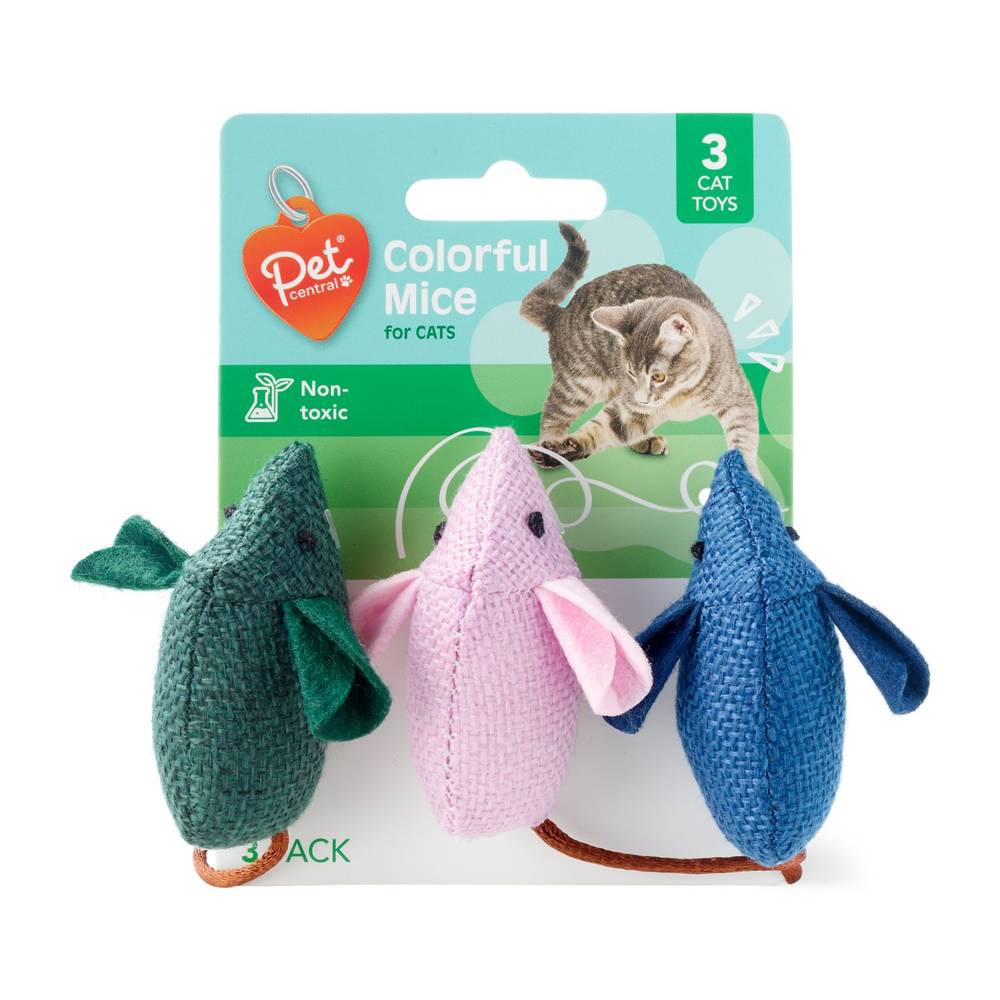 Pet Central Colorful Mice Cat Toys, 3 Ct